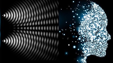 Wave interference patterns on the left and a glowing particle-based human face on the right. Wave interference patterns on the left and a glowing particle-based human face on the right.