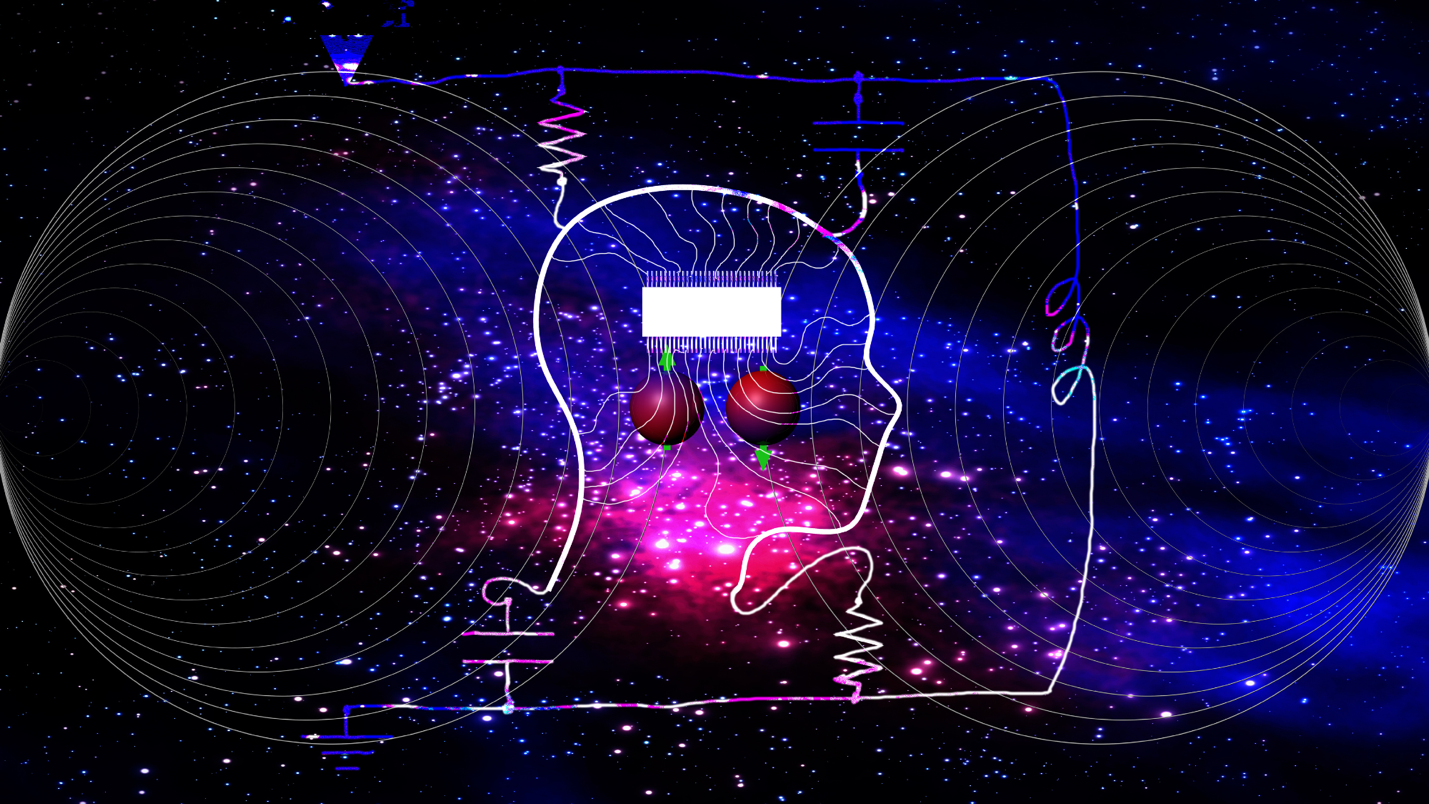 Head-shaped circuit with electrical components and magnetic field lines in a cosmic backdrop. Head-shaped circuit with electrical components and magnetic field lines in a cosmic backdrop.