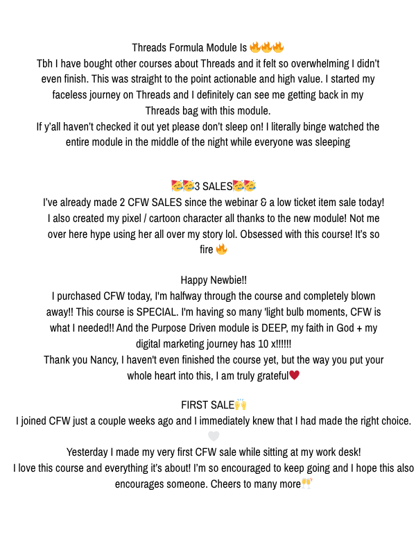 Testimonials from the course Create Faceless Wealth. A course on how to start and scale a faceless business Testimonials from the course Create Faceless Wealth. A course on how to start and scale a faceless business