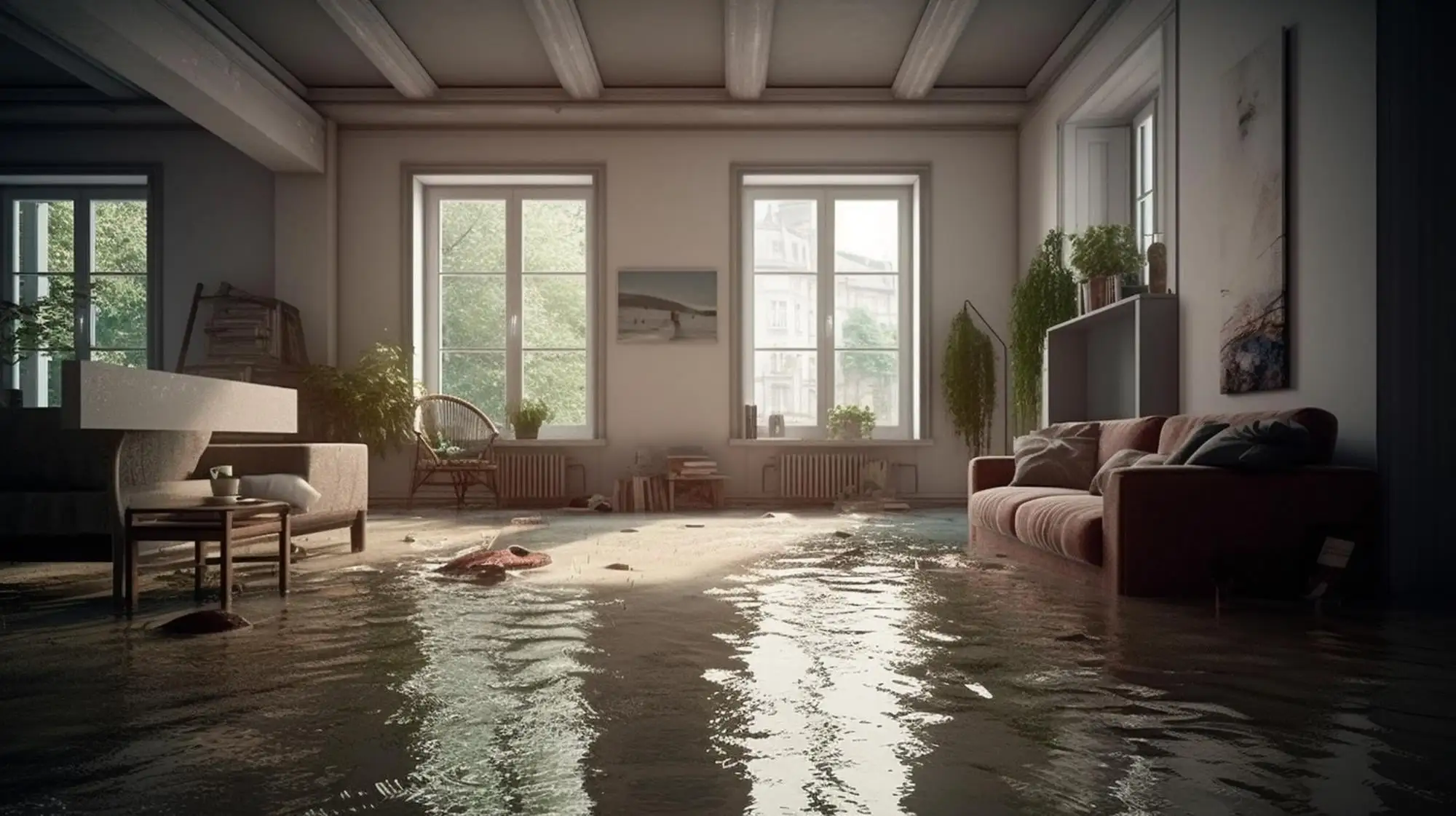 a living room devastated by water damage