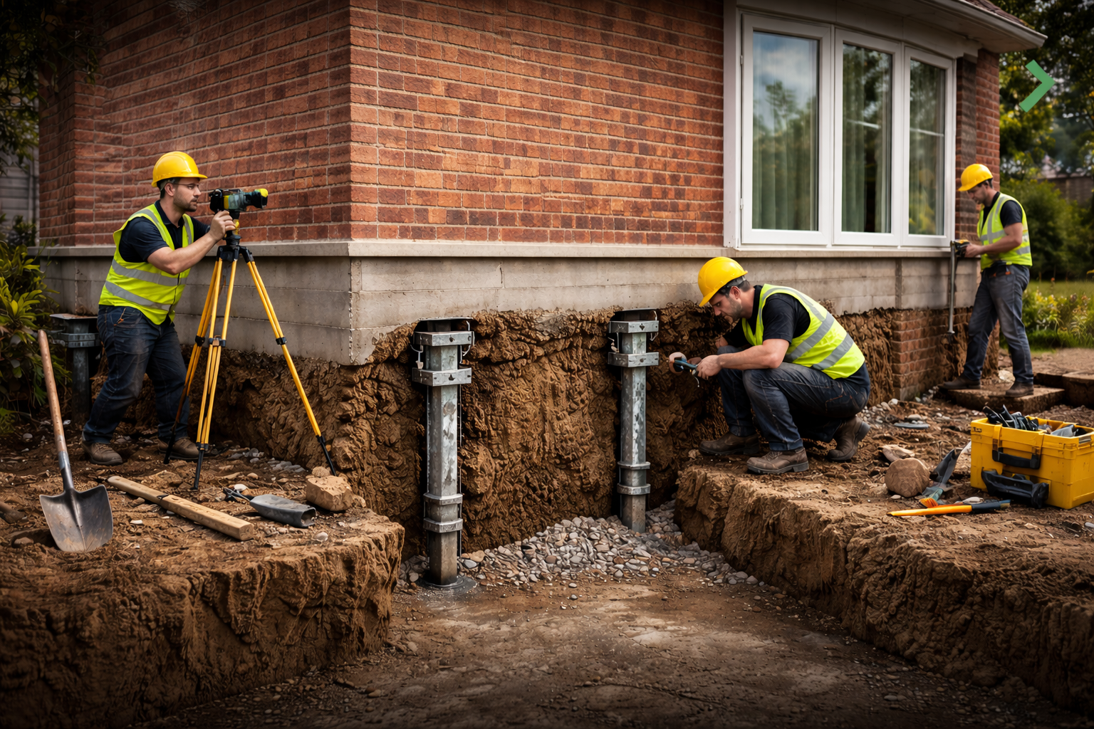 Construction workers assessing and repairing foundation support with hydraulic piers, using surveying equipment and tools, in a residential setting.