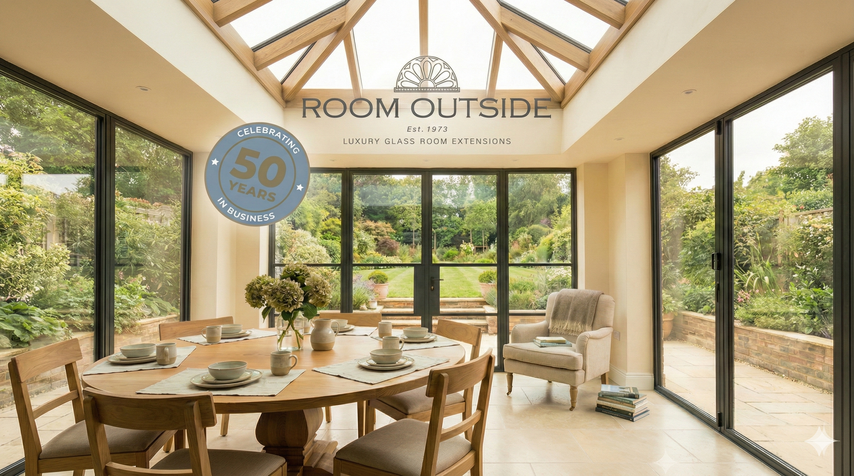 Bespoke glass room interior featuring a dining table with flowers, celebrating 50 years of Room Outside, showcasing luxury glass room extensions and a lush garden view.