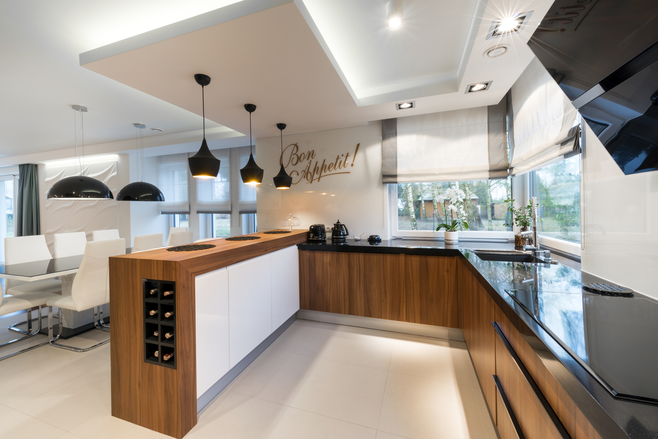 Modern kitchen interior design in black and white style