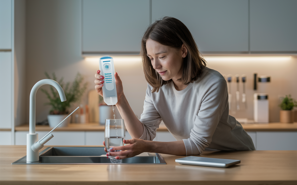 A woman carefully tests the quality of water from her kitchen tap using a home water testing kit, ensuring safe and clean drinking water for her family.