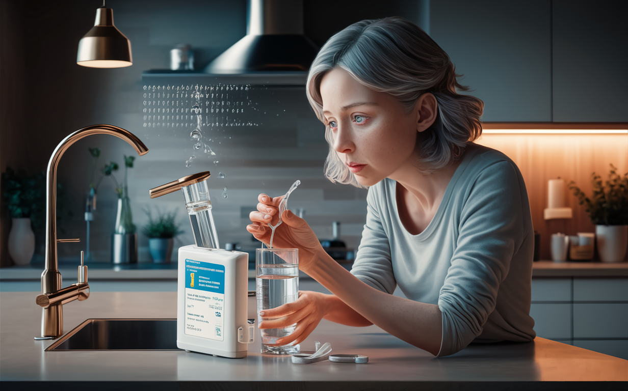 A woman carefully testing the quality of her home's drinking water using a water test kit on the kitchen counter, ensuring safe and clean water for her family.