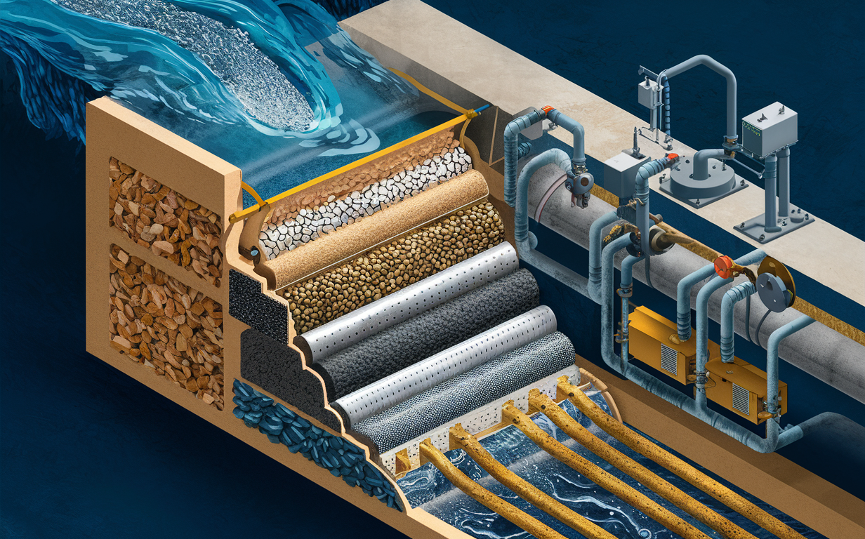 An illustration showing the inner components of a water filtration system, including layers of different filter media like gravel, sand, and activated carbon, along with pipes and valves for water flow and maintenance.