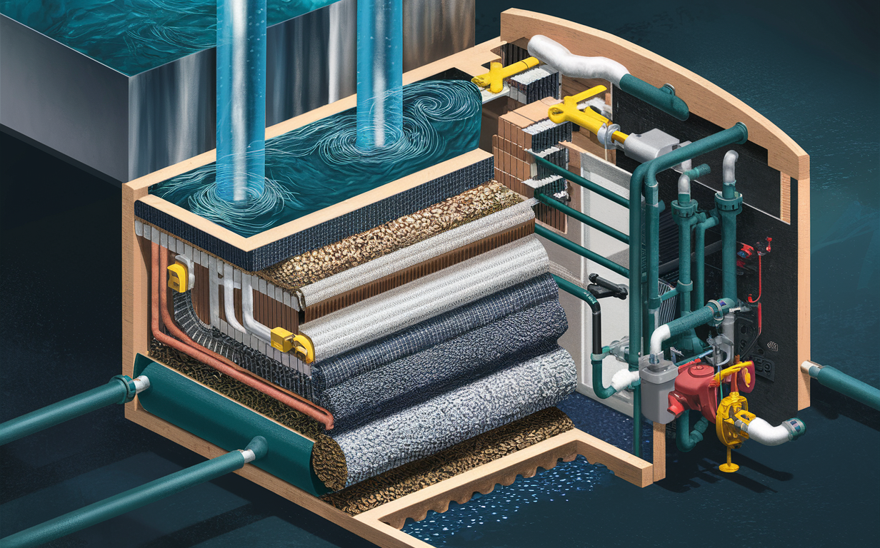 Illustration showing the inner workings of a water filtration system designed to remove sediments and particulates, with layers of filter media like gravel, sand, and membranes, along with pipes, pumps, and a settling tank