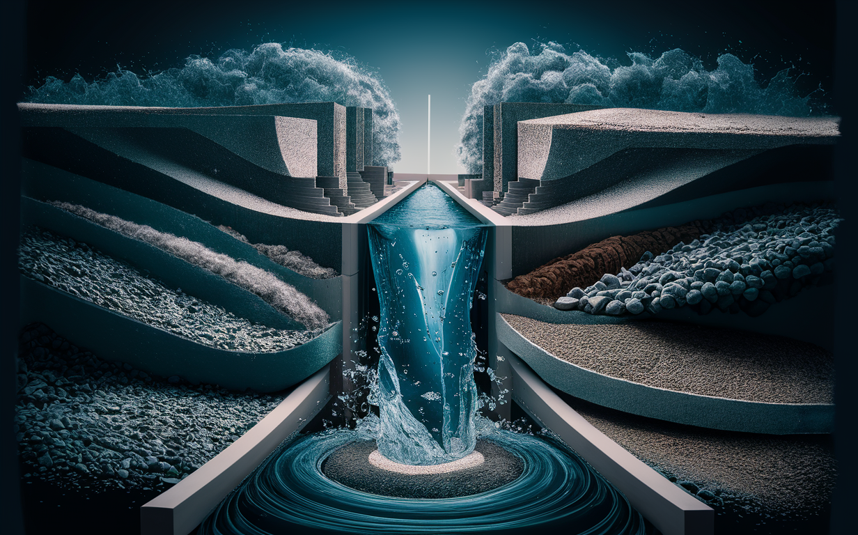 A surreal architectural rendering of a futuristic water filtration system, with a central water fountain separating into streams of water and sediment particles, flowing into separate channels representing clean water and filtered particulates.