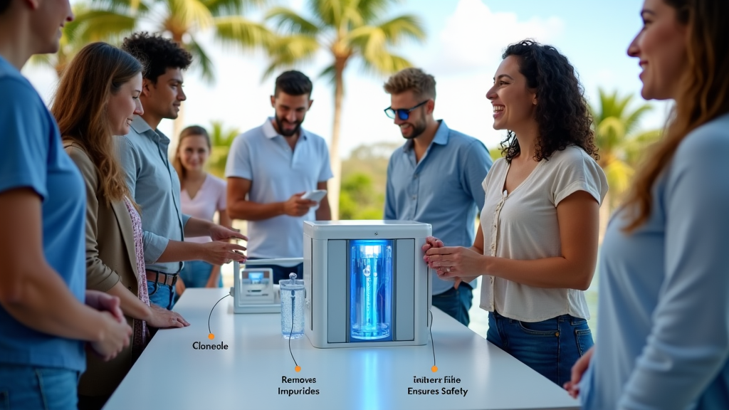 A variety of water filtration systems displayed on a kitchen countertop