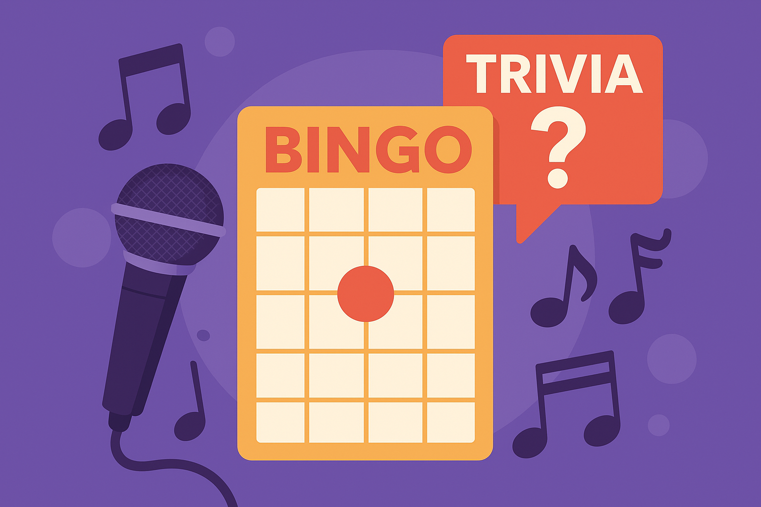 Flat vector illustration featuring a microphone, bingo card, trivia question popup, and music notes — representing fun, interactive entertainment events. Flat vector illustration featuring a microphone, bingo card, trivia question popup, and music notes — representing fun, interactive entertainment events.