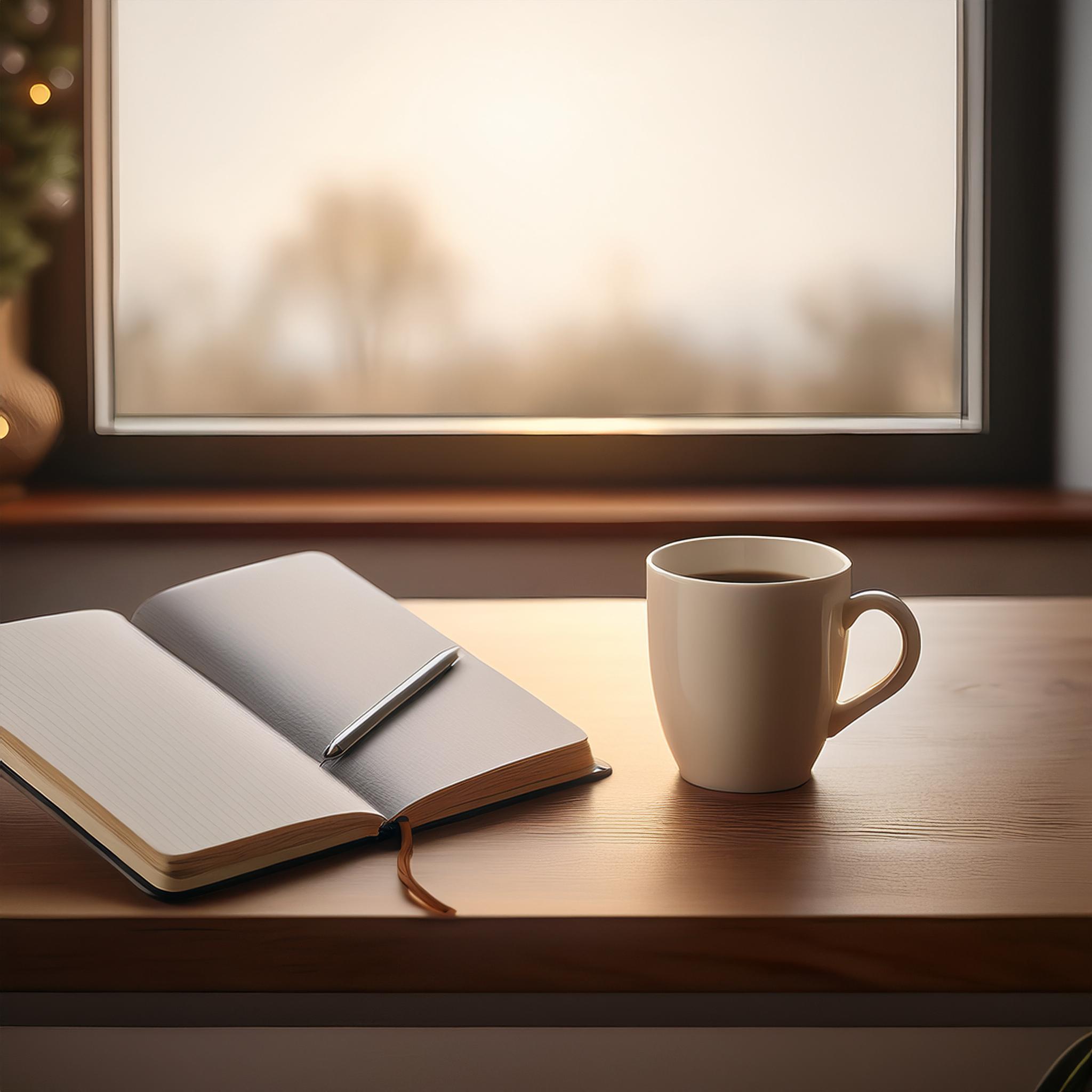 A Desk with a Coffee Mug and Open Journal/Notebook