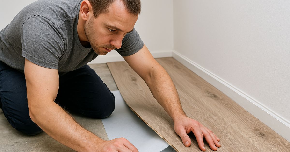 man putting underlayment beneath vinyl man putting underlayment beneath vinyl