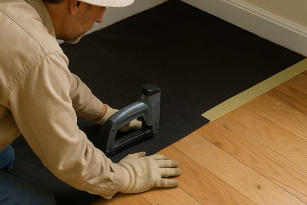 Man prepping subfloor for hardwood flooring installation Man prepping subfloor for hardwood flooring installation