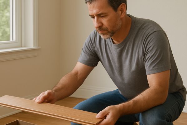 Man acclimating hardwood planks indoors Man acclimating hardwood planks indoors