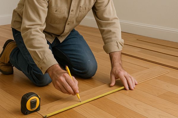 Man measuring and marking hardwood planks Man measuring and marking hardwood planks