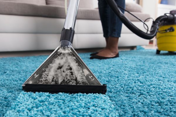 carpet cleaning on blue shag rug in living room