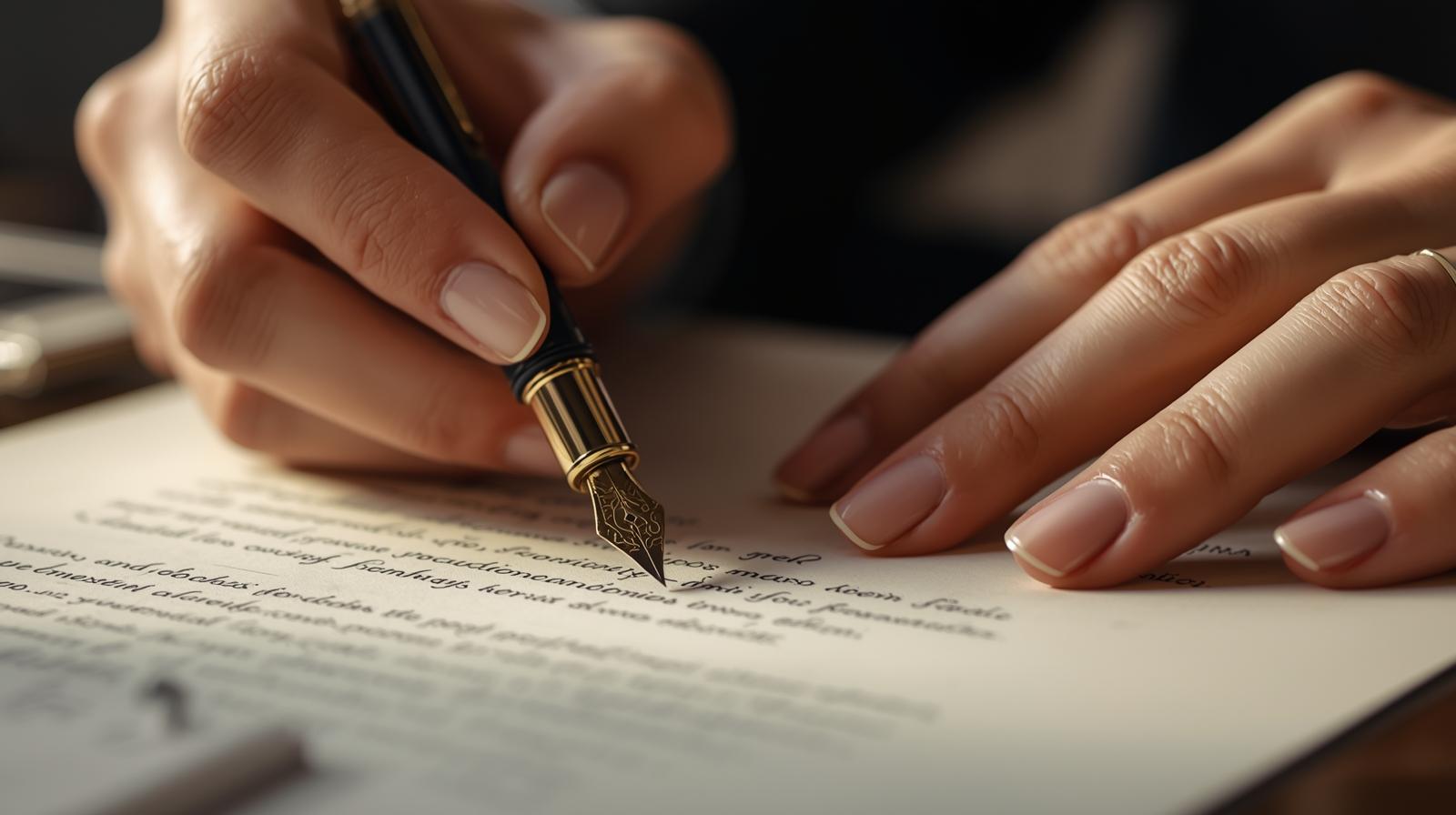 Hands writing a formal letter on paper with a pen