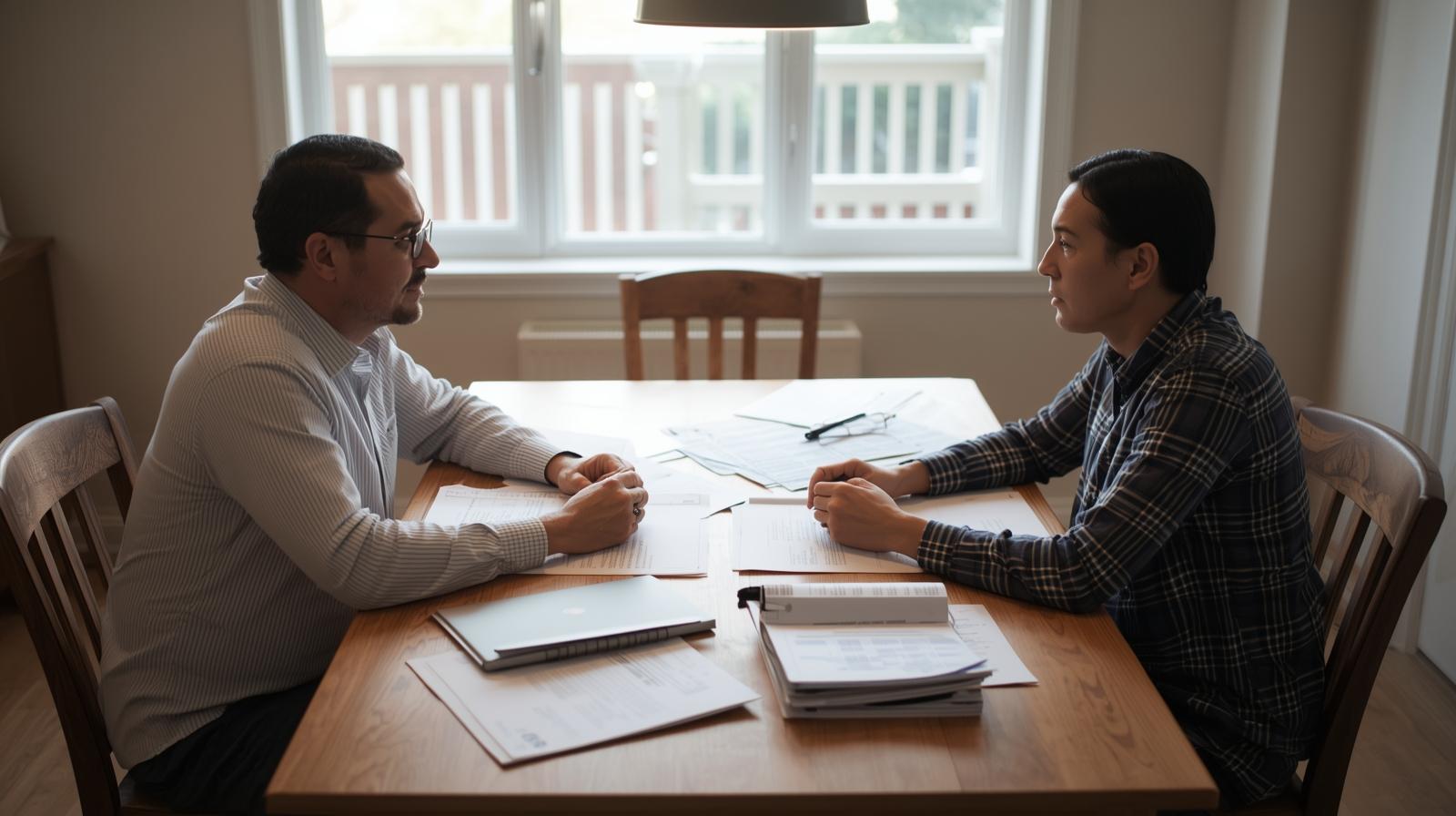 Landlord and tenant sitting at a kitchen table discussing paperwork