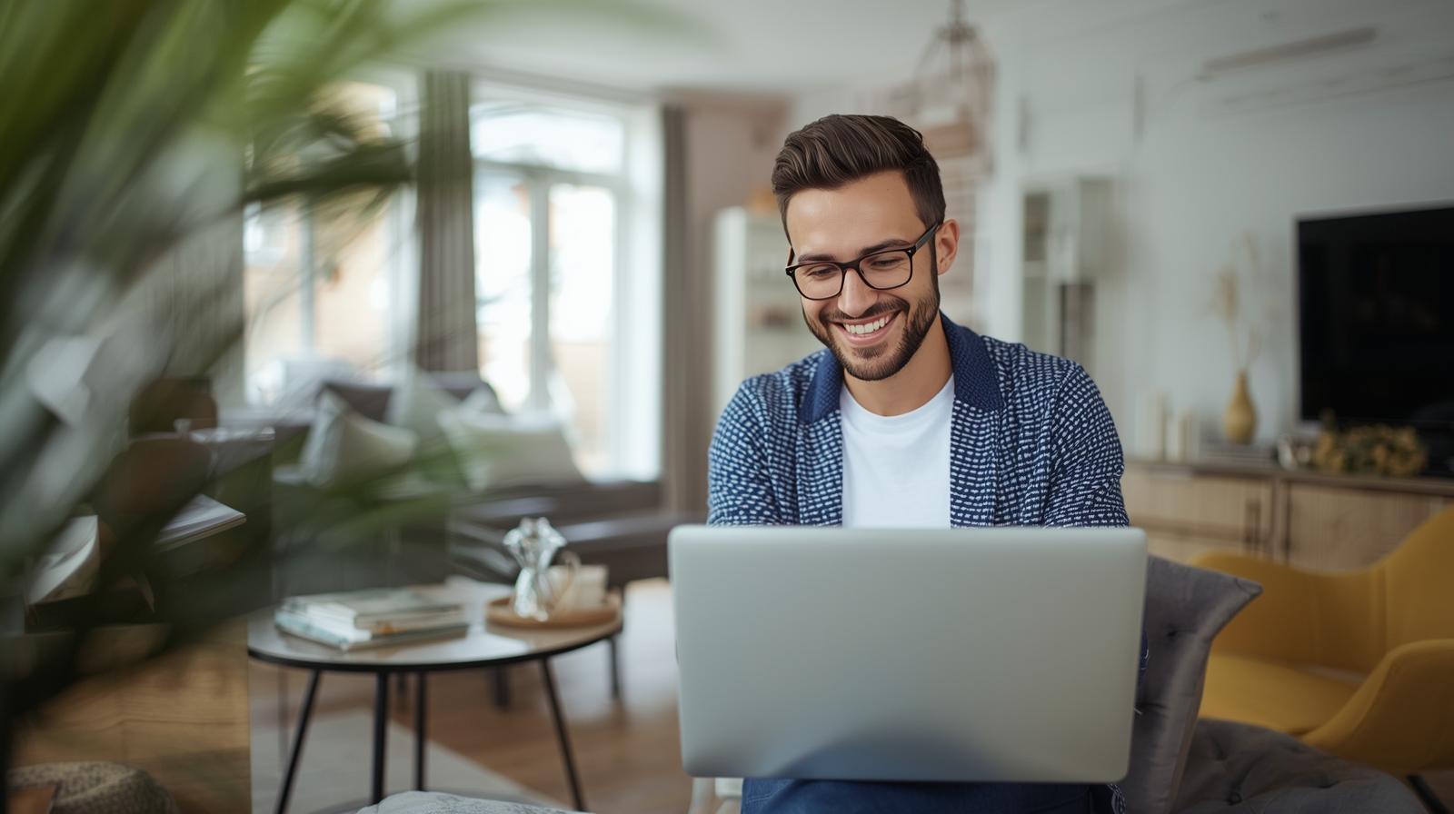 Tenant setting up a standing order or online bank transfer on laptop, smiling, modern British living room background