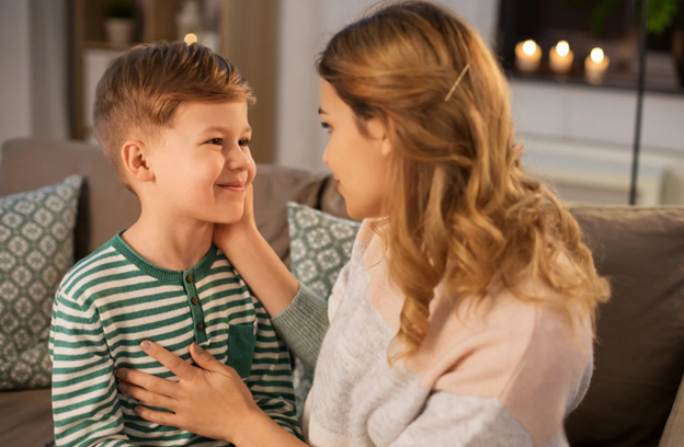 mother and son having a conversation mother and son having a conversation