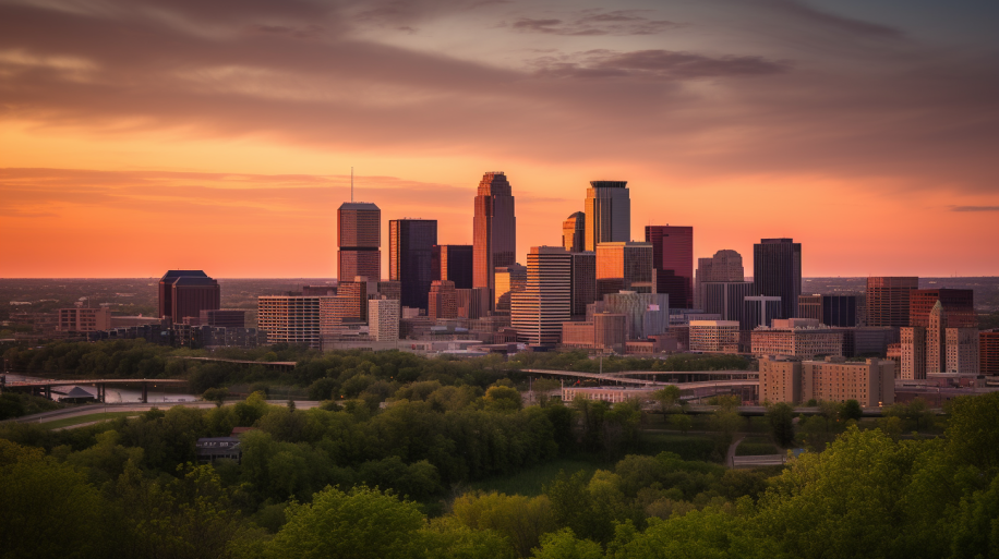 Sunset view of Minneapolis skyline, the hub of top marketing agencies.