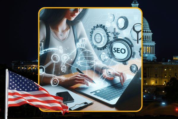 mulher no computador com símbolo SEO, foto de Washington ao fundo, bandeira dos estados unidos mulher no computador com símbolo SEO, foto de Washington ao fundo, bandeira dos estados unidos