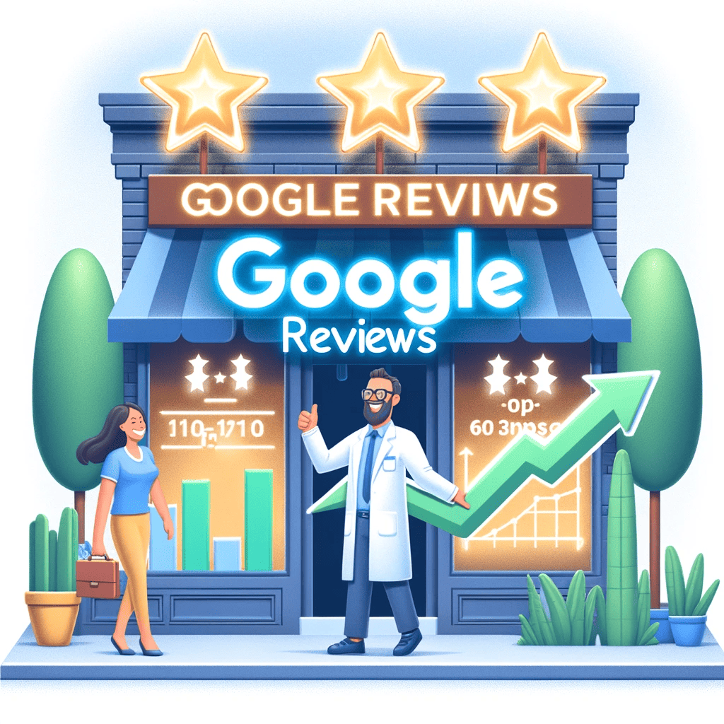 Cover image for blog post on boosting Google rankings through reviews, featuring a storefront with Google Reviews sign and a graph showing growth.