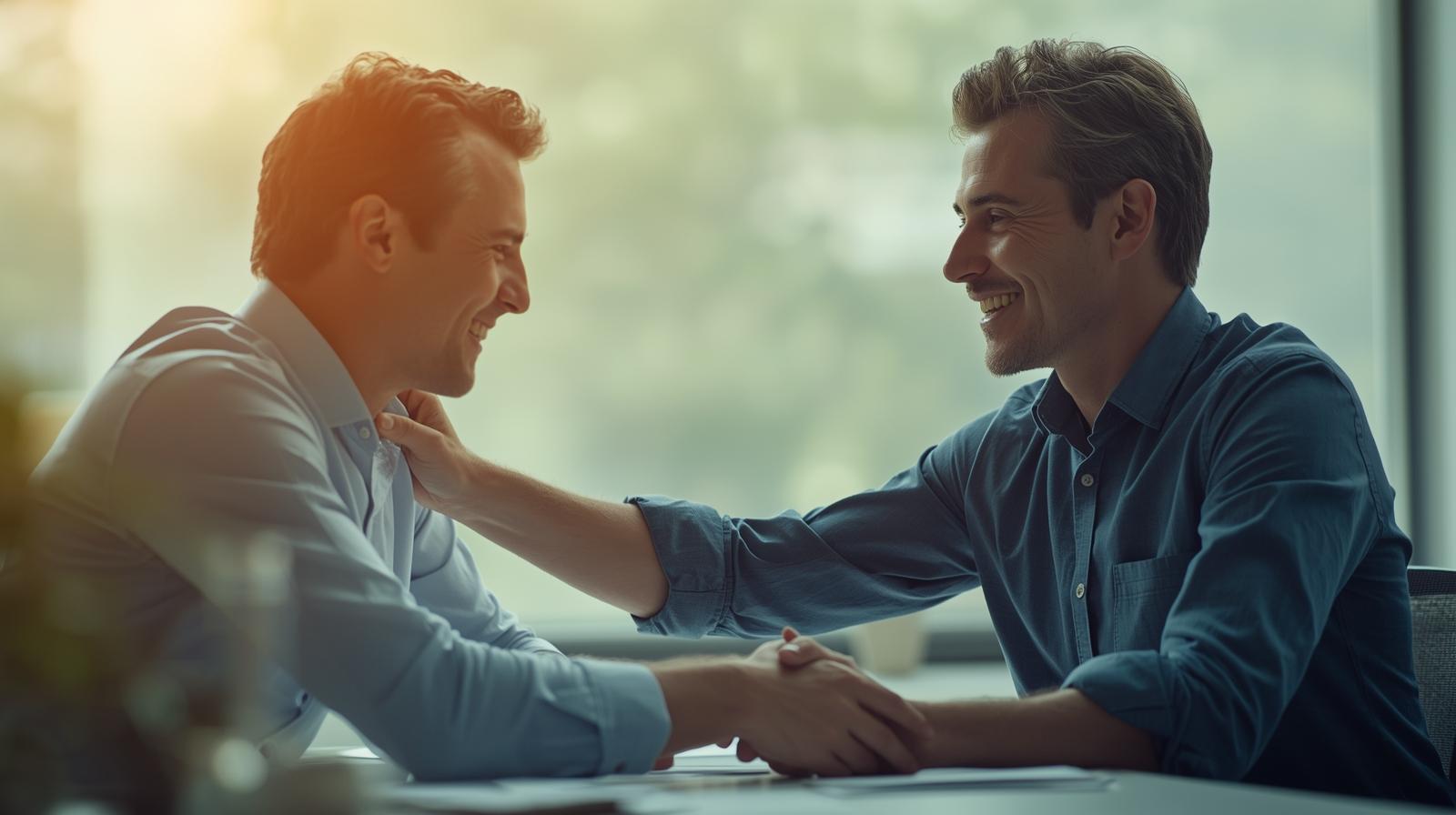Two people warmly greeting or supporting each other — a hand on a shoulder or friendly handshake over a desk. Two people warmly greeting or supporting each other — a hand on a shoulder or friendly handshake over a desk.