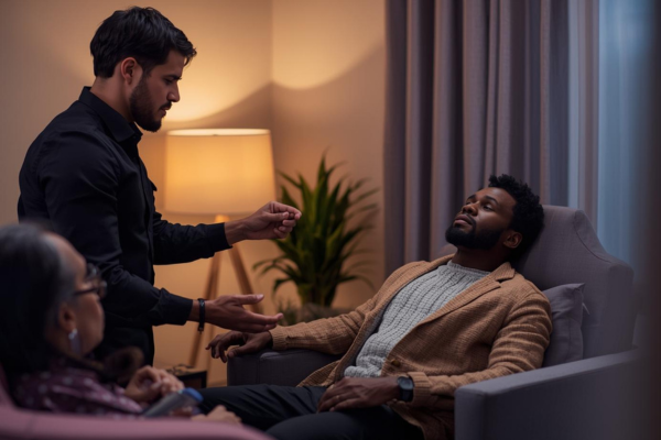 Hypnotherapist and client in a calm, private setting, soft lighting, comfortable seating.