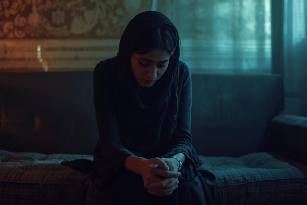 Person sitting alone on a couch, head slightly down, tired expression  Soft lighting, quiet room  Hands clasped or resting on knees
