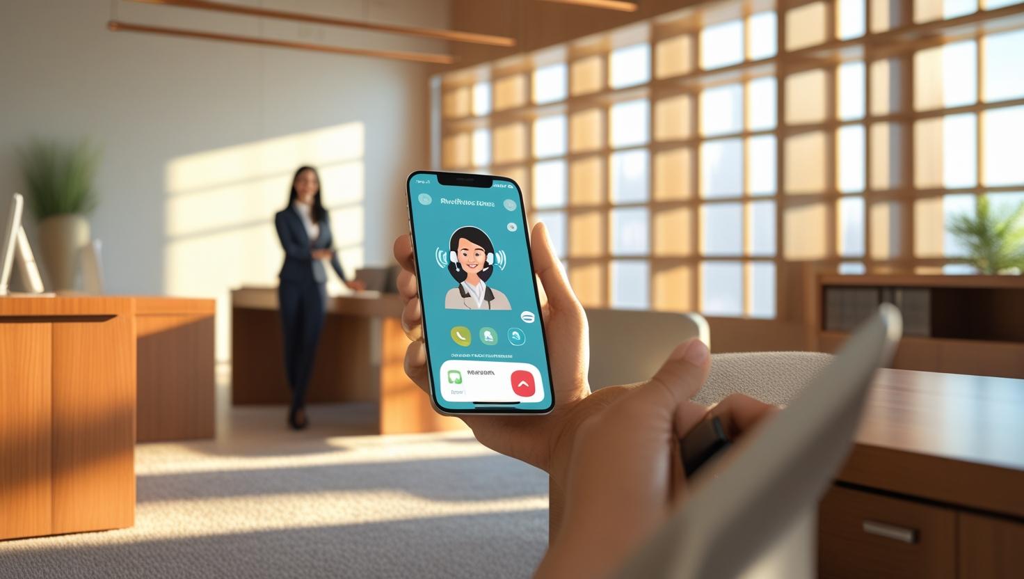 A photorealistic medium shot depicting a brightly lit, modern office bathed in warm, natural light streaming from large floor-to-ceiling windows. In the softly blurred background, a smiling Indian female service business owner stands near a sleek, modern desk. The foreground features a friendly-looking AI assistant, depicted on a smartphone screen, actively engaged in answering a phone call. The scene emphasizes both the individual interaction on the phone and the overall welcoming and professional atmosphere of the office, with a focus on the detailed textures of the natural wood furniture, the subtle reflections of light on polished surfaces, and the plush carpeting. The color palette is warm and inviting, featuring rich natural wood tones, muted earth colors, and accents of calming blues and greens. A photorealistic medium shot depicting a brightly lit, modern office bathed in warm, natural light streaming from large floor-to-ceiling windows. In the softly blurred background, a smiling Indian female service business owner stands near a sleek, modern desk. The foreground features a friendly-looking AI assistant, depicted on a smartphone screen, actively engaged in answering a phone call. The scene emphasizes both the individual interaction on the phone and the overall welcoming and professional atmosphere of the office, with a focus on the detailed textures of the natural wood furniture, the subtle reflections of light on polished surfaces, and the plush carpeting. The color palette is warm and inviting, featuring rich natural wood tones, muted earth colors, and accents of calming blues and greens.