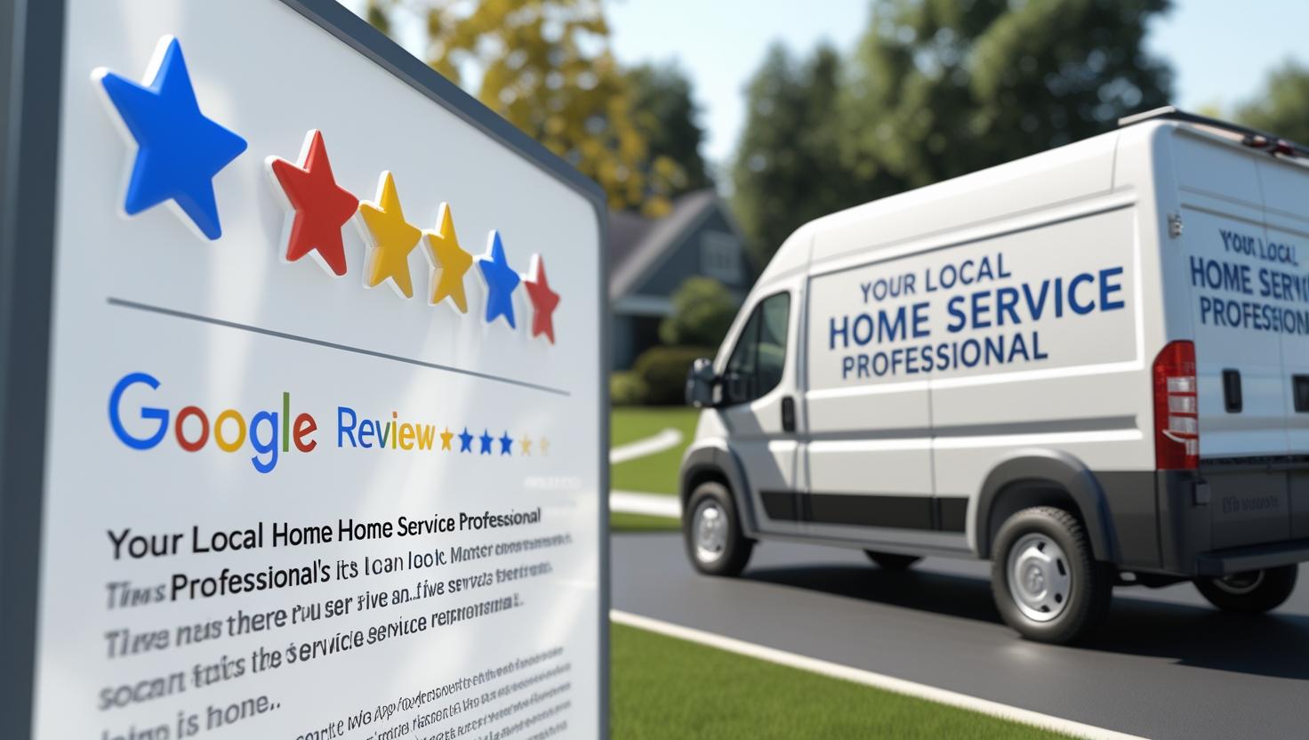 A detailed, side-by-side foreground image of five-star Google review icons and a formal press release, sharply focused and brightly lit. In the slightly blurred background, a clean, modern home service professional's truck is visible, displaying the clear, legible label "Your Local Home Service Professional" on its side. The overall style is clean, professional, and emphasizes trust and reliability. The color palette is vibrant yet professional, using warm tones for the truck and crisp, clear colors for the Google reviews and press release. A detailed, side-by-side foreground image of five-star Google review icons and a formal press release, sharply focused and brightly lit. In the slightly blurred background, a clean, modern home service professional's truck is visible, displaying the clear, legible label "Your Local Home Service Professional" on its side. The overall style is clean, professional, and emphasizes trust and reliability. The color palette is vibrant yet professional, using warm tones for the truck and crisp, clear colors for the Google reviews and press release.