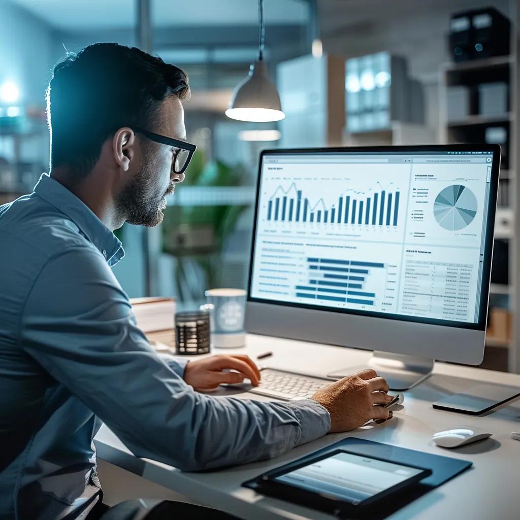Digital marketing professional analyzing SEO data on a computer screen in a modern workspace Digital marketing professional analyzing SEO data on a computer screen in a modern workspace
