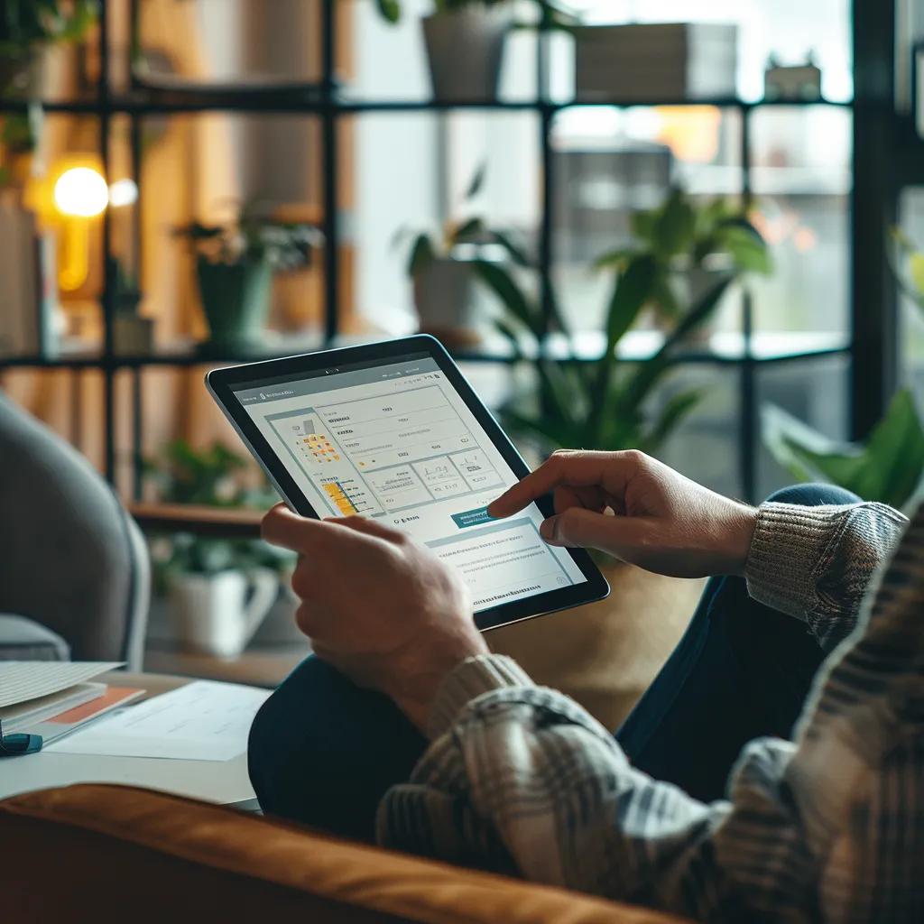 User engaging with a smart website on a tablet in a cozy workspace User engaging with a smart website on a tablet in a cozy workspace