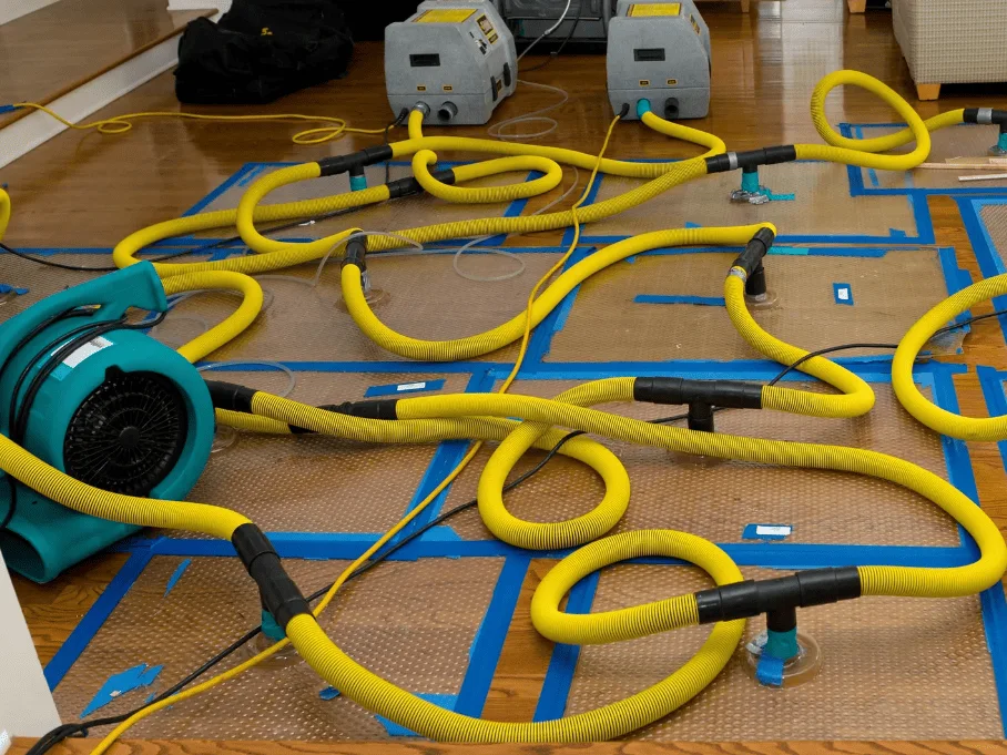 Room with drying equipment and hoses for water damage restoration on the floor.
