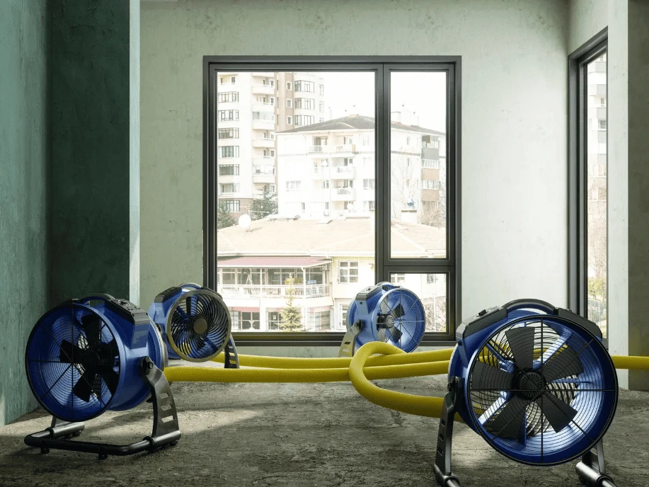 Room with industrial fans and hoses for water damage restoration.