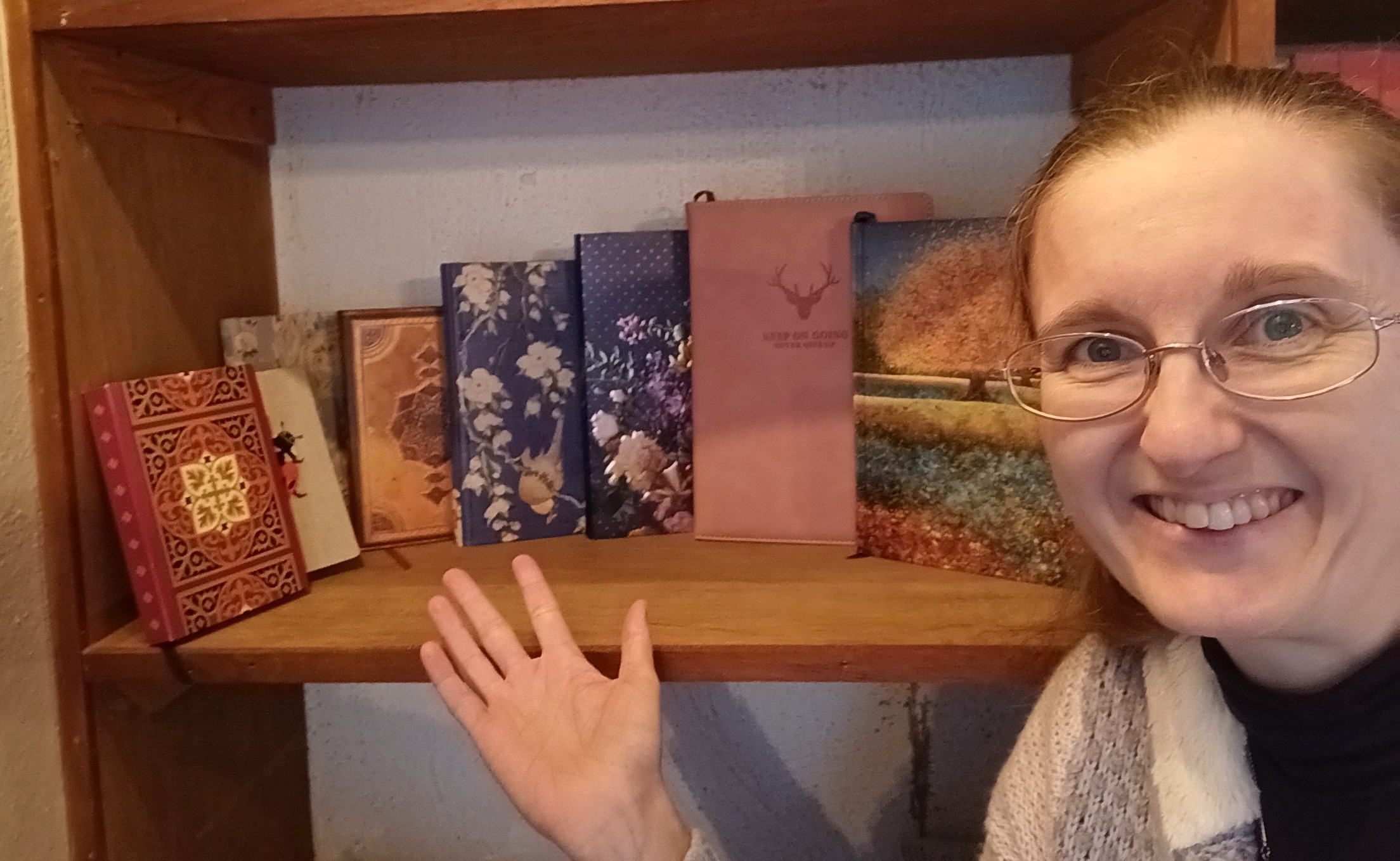 Alexandra with her journals Alexandra with her journals