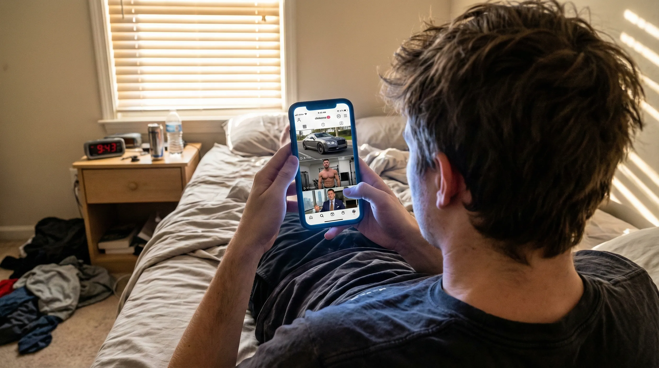 Jake scrolling phone in bed