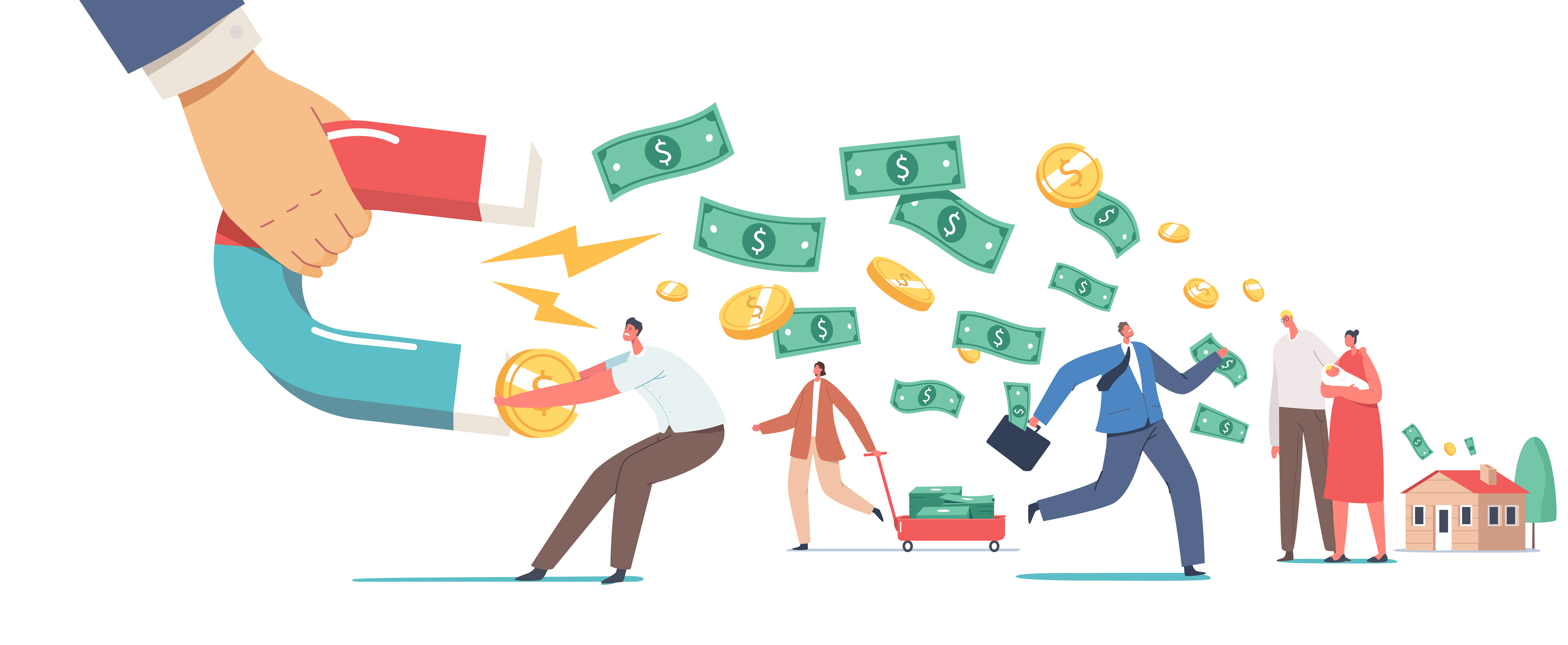 Illustration of a large hand holding a magnet attracting coins and dollar bills from people, including business professionals and families, symbolizing financial attraction, investment, or marketing ROI. Illustration of a large hand holding a magnet attracting coins and dollar bills from people, including business professionals and families, symbolizing financial attraction, investment, or marketing ROI.