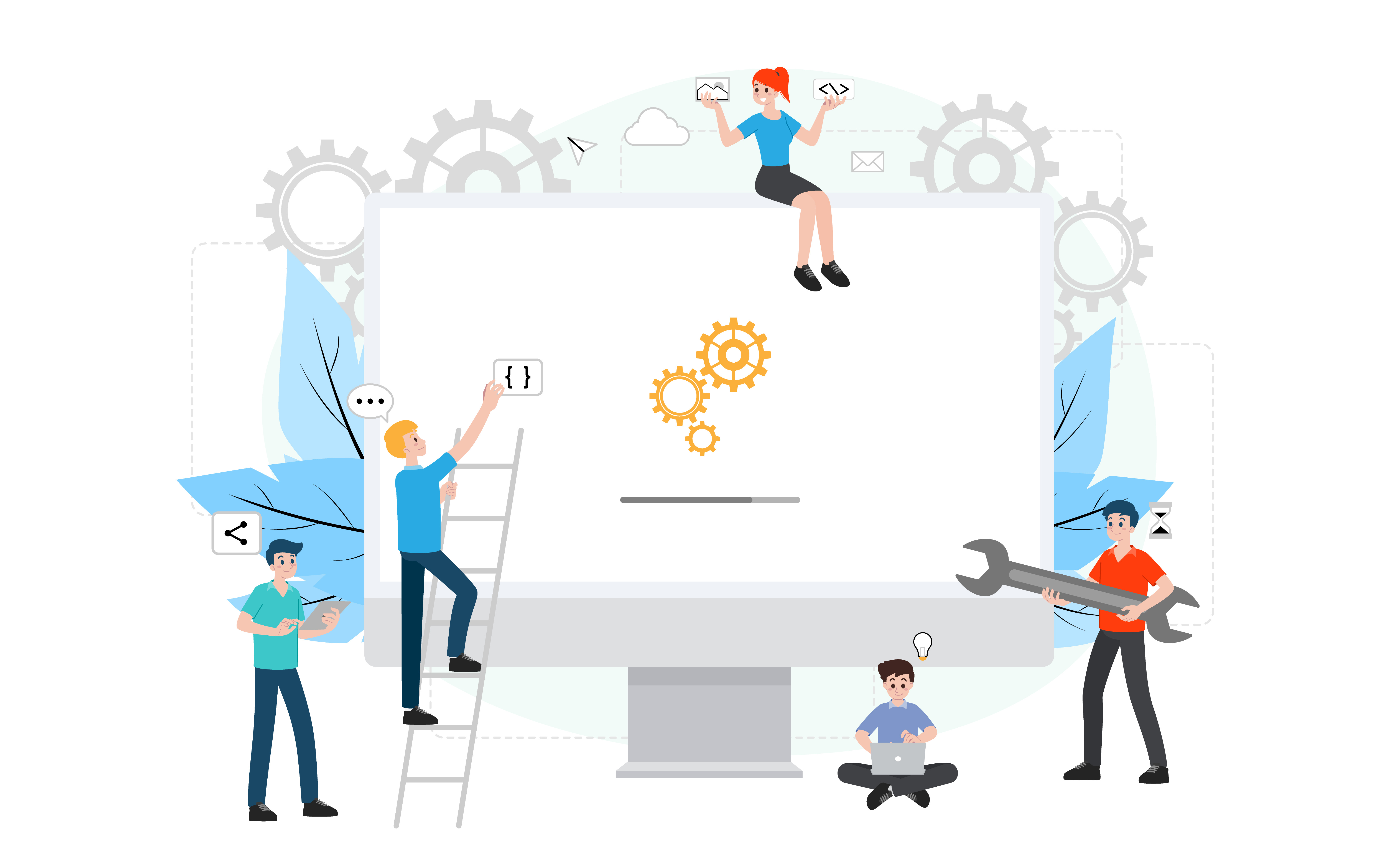 Illustration of a team collaboratively working on a large computer screen with gears symbolizing development. One person sits on top of the screen holding coding icons, another climbs a ladder to place code brackets, one holds a giant wrench, another sits with a laptop, and one stands with a tablet. Background includes gear icons, clouds, and leaves, representing technology and teamwork. Illustration of a team collaboratively working on a large computer screen with gears symbolizing development. One person sits on top of the screen holding coding icons, another climbs a ladder to place code brackets, one holds a giant wrench, another sits with a laptop, and one stands with a tablet. Background includes gear icons, clouds, and leaves, representing technology and teamwork.
