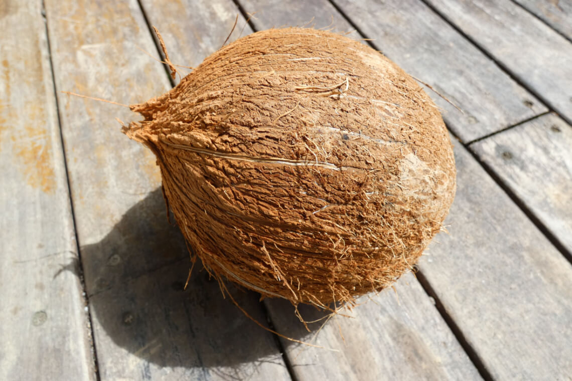 A dehusked coconut on a wooden deck A dehusked coconut on a wooden deck