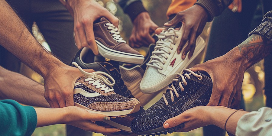 Many people holding shoes