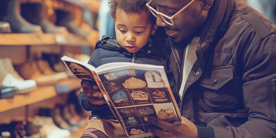 Father reading book about shoes to child