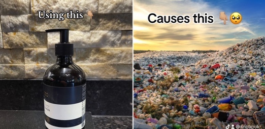 An image of a liquid hand wash bottle next to a pile of discarded single-use plastic bottles