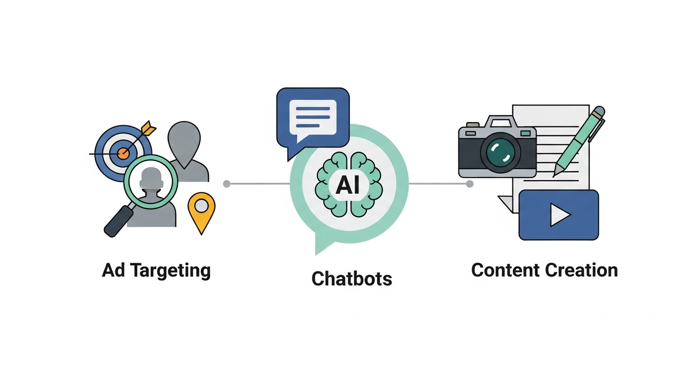 Examples of AI in digital marketing including chatbots, ad targeting, and automated content creation Examples of AI in digital marketing including chatbots, ad targeting, and automated content creation