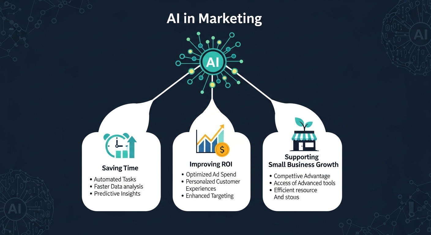 Infographic showing benefits of AI in marketing such as saving time, improving ROI, and supporting small business growth Infographic showing benefits of AI in marketing such as saving time, improving ROI, and supporting small business growth