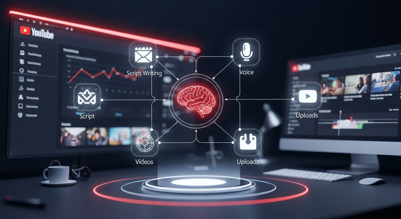 Diagram showing how an AI faceless YouTube channel works with AI tools creating scripts, voices, and videos