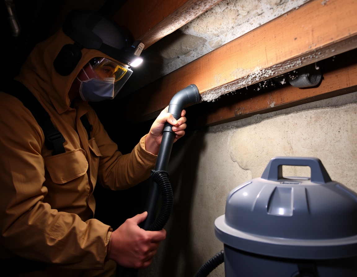 Inspecting a crawl space for signs of moisture and damage Inspecting a crawl space for signs of moisture and damage