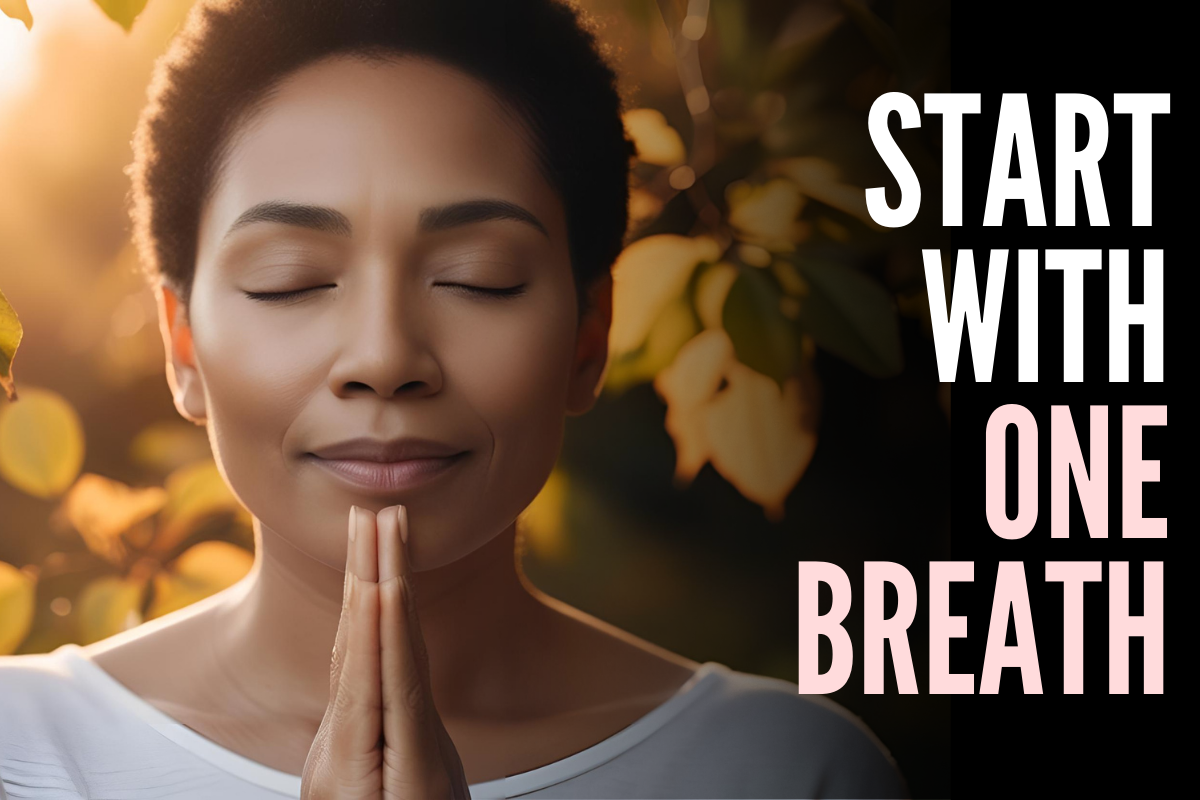 Person pausing with eyes closed, taking a slow breath Person pausing with eyes closed, taking a slow breath