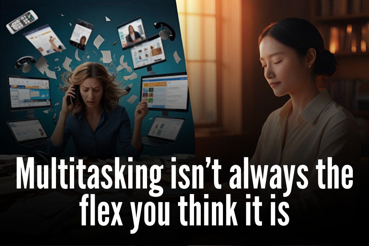 Visual contrast of multitasking versus focused work Visual contrast of multitasking versus focused work